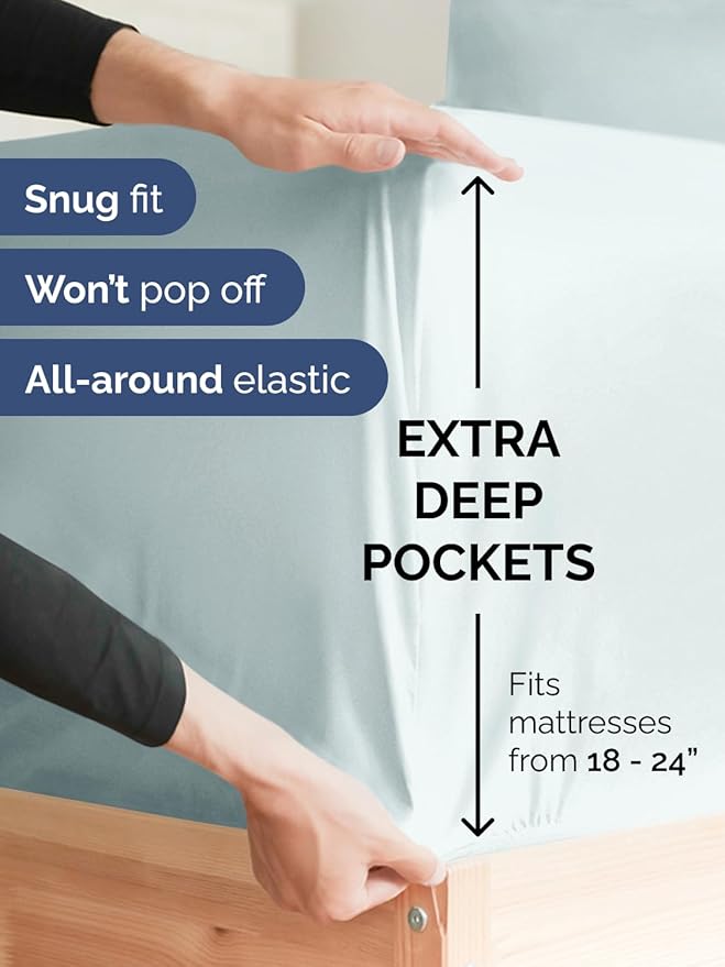 Extra Deep Pocket Queen Sheet Set - 4 Piece Breathable & Cooling Bed Sheets - Hotel Luxury Sheet Set - Soft, Wrinkle Free and Comfy - Easily Fits Extra Deep Mattresses - Deep Pocket Ice Blue Sheets