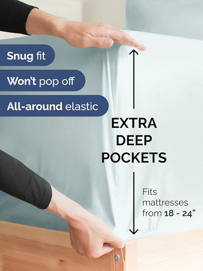 Extra Deep Pocket King Sheets - 4 Piece Breathable & Cooling Bed Sheets - Hotel Luxury Bed Sheet Set - Soft, Wrinkle Free & Comfy - Easily Fits Extra Deep Mattresses - Deep Pocket Ice Blue Sheets Set