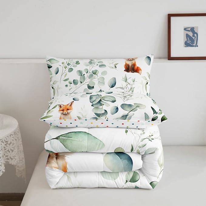 Erosebridal Girls Cartoon Animal Toddler Comforter Set for Kids Toddler Kawaii Fox Bedding Set, Woodland Wildlife Bedding Comforter Sets Jungle Wild Fox Duvet Set, Green Eucalyptus Quilted Comforter