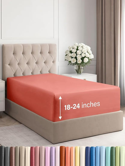 Extra Deep Twin XL Fitted Sheet - Hotel Luxury Single Fitted Sheet Only - Easily Fits 18 inch to 24 inch Mattress - Ultra Soft, Wrinkle & Fade Free w/Extra Deep Pockets - Breathable & Comfy - Coral