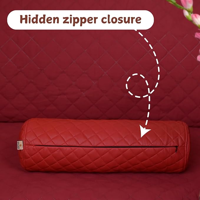 Neck Roll Pillow Cushion Cover, 22x7 Inch Full Moon Round Bolster Pillow Case, Cylinder Soft Lambskin Leather Pillowcase for Head, Spine & Neck Support During Sleep - Quilted Cherry Red Pack of 2