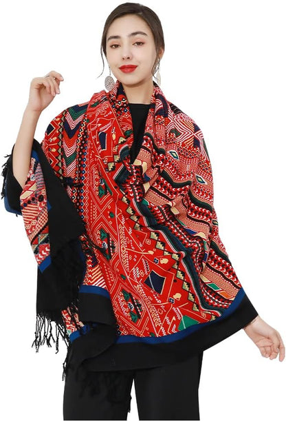 DANA XU 100% Merino Wool Pashmina Shawl for Women 96"x43", Oversized Cashmere Wrap with Tassels, Floral Travel Blanket Cape