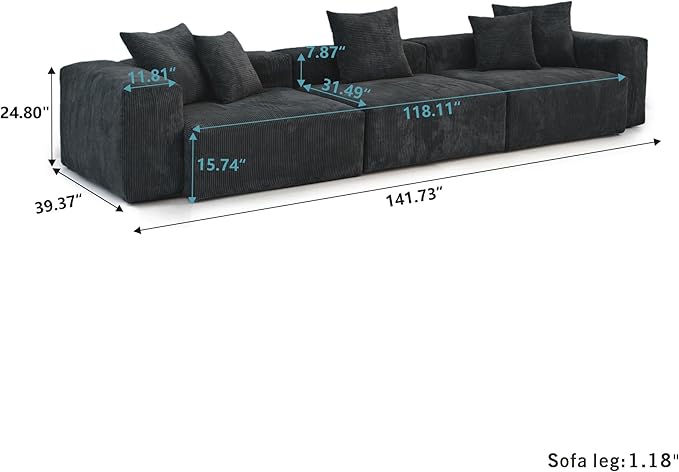 JACH 142"" Luxurious Sectional Couch Sofa with 5 Pillows, Deep Seat Modular Sectional Couch, Cushion Covers Removable, Huge Plus Sofas Couches for Living Room, Office, Apartment, Black, 3-Seater