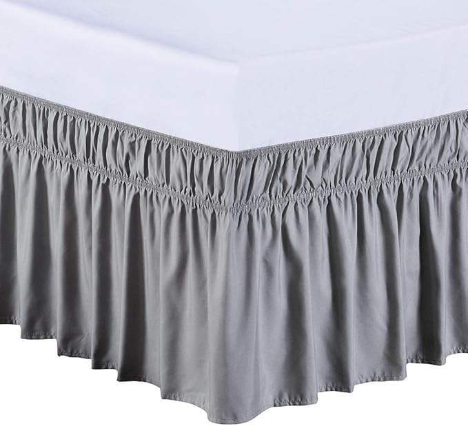 MEILA Wrap Around Bed Skirt Three Fabric Sides Elastic Dust Ruffled 24 Inch Tailored Drop,Easy to Install Fade Resistant-Grey, Queen/King