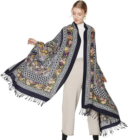 DANA XU 100% Merino Wool Pashmina Shawl for Women 96"x43", Oversized Cashmere Wrap with Tassels, Floral Travel Blanket Cape