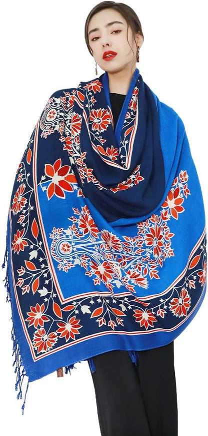 DANA XU 100% Merino Wool Pashmina Shawl for Women 96"x43", Oversized Cashmere Wrap with Tassels, Floral Travel Blanket Cape