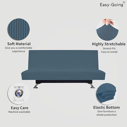 Easy-Going Stretch Futon Slipcover Armless Futon Bed Cover Furniture Protector Without Armrests with Elastic Bottom for Kids, Soft Jacquard Fabric Small Checks (Large, Bluestone)
