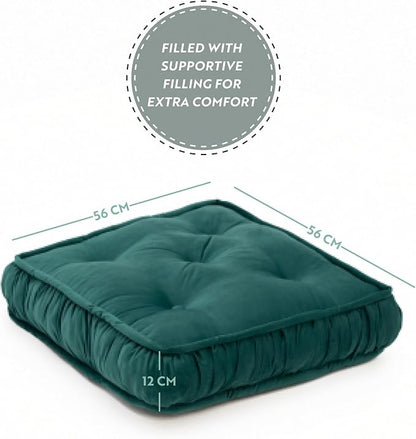 Square Large Floor Cushion, Floor Pillow Thick Floor Seating, Comfortable Supportive, Quilted Soft Booster Seat Pad for Yoga Meditation, Yoga Pillow, Cat and Dog Bed, 56 cm 22 inch Green