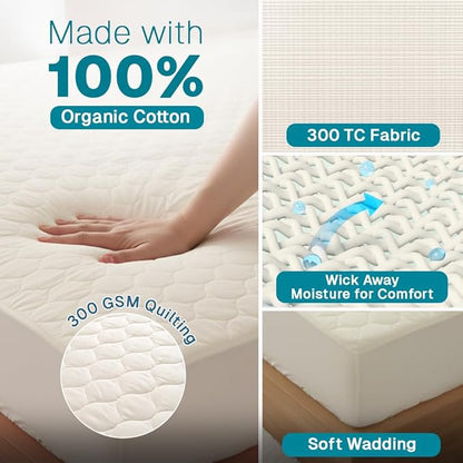 FABDREAMS Organic Quilted Mattress Protector Queen Size | Mattress Pad| Mattress Cover| Naturally Breathable | Noiseless| Fits up to 17" Deep Pocket| Temperature Regulating | Ivory