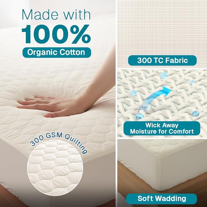 FABDREAMS Organic Quilted Mattress Protector Twin XL Size | Mattress Pad| Mattress Cover| Naturally Breathable | Noiseless| Fits up to 17" Deep Pockets| Temperature Regulating | Ivory