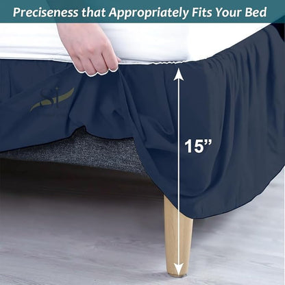 Shreem Linen Ruffled Bed Skirt with Split Corners, Gathered Style, 100% Microfiber, 16-Inch Drop, Dust Ruffle Bedskirt with Platform, Cal-King, Navy Blue
