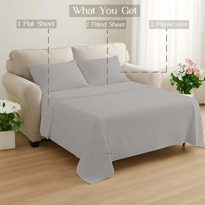 Sleeper Sofa 4 Piece Bed Sheet Set Premium Quality 100% Cotton 500 Thread Count, Smooth & Super Soft Sateen Weave, Extra Soft Bed Sheets, Wrinkle Free, 4 Inch Deep Pocket (Full, Silver)