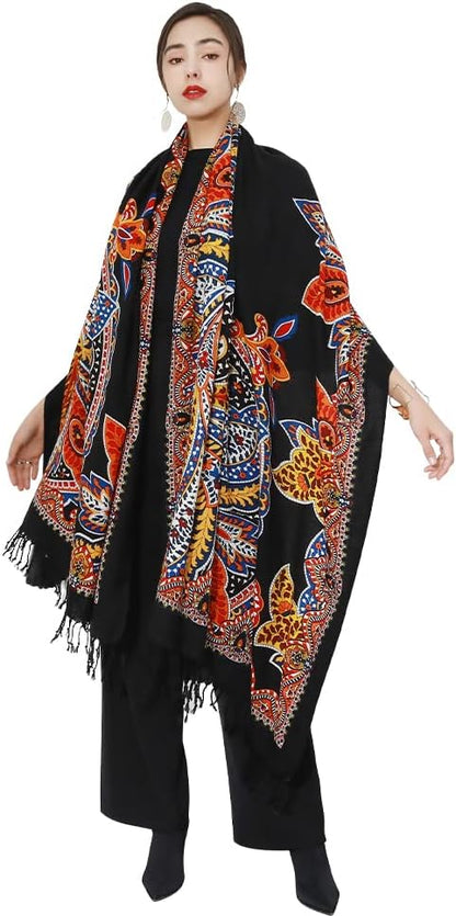DANA XU 100% Merino Wool Pashmina Shawl for Women 96"x43", Oversized Cashmere Wrap with Tassels, Floral Travel Blanket Cape