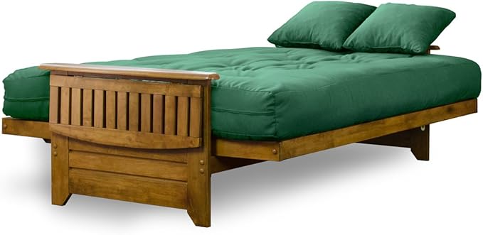 Nirvana Futons Brentwood Tray Arm Futon Sofabed Set - Queen Frame, 8" Hunter Green Mattress, Rich Heritage Finish