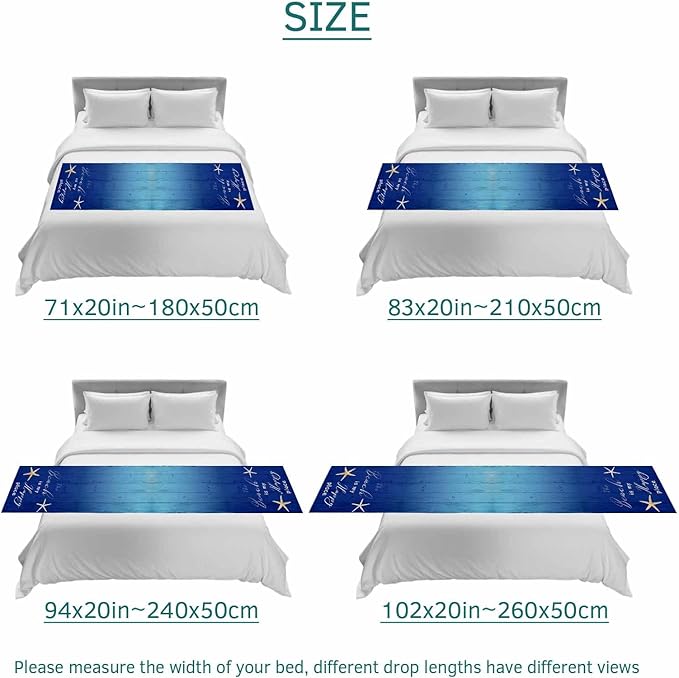 Happy Beach Place Marine Starfish Bed Runners for Bedroom Hotel,Decorative Bedding Scarf Gradient Blue Wood Grain Bed End Blanket Bedding Runner Scarves for Twin Size Bed,71x20in