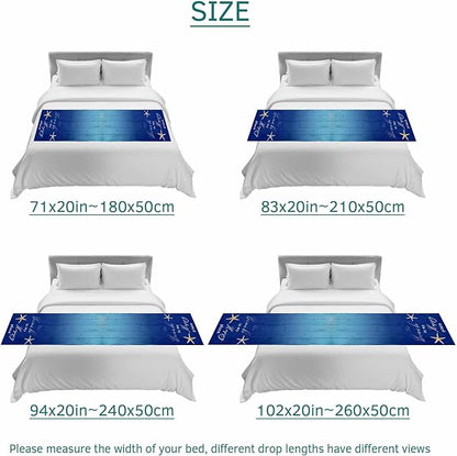 Happy Beach Place Marine Starfish Bed Runners for Bedroom Hotel,Decorative Bedding Scarf Gradient Blue Wood Grain Bed End Blanket Bedding Runner Scarves for Full Size Bed,83x20in