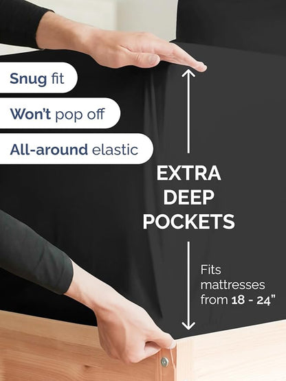 Extra Deep Pocket Split King Sheets - 5 Piece Breathable & Cooling Bed Sheets - Hotel Luxury Bed Sheet Set - Soft, Wrinkle Free & Comfy - Easily Fits Extra Deep Mattresses - Deep Pocket Black Sheets