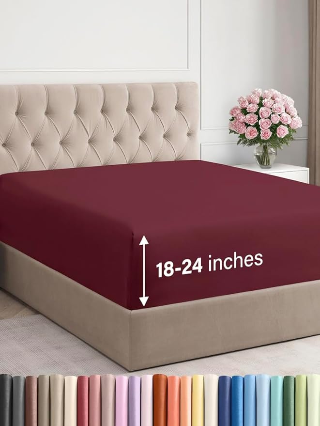Extra Deep King Fitted Sheet - Hotel Luxury Single Fitted Sheet Only - Easily Fits 18 inch to 24 inch Mattress - Ultra Soft, Wrinkle & Fade Free w/Extra Deep Pockets - Breathable & Comfy - Burgundy