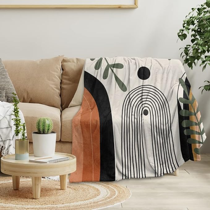 Abstract Modern Throw Blanket Boho Minimalist Mid Century Sun Aesthetic Soft Warm Bed Bedding Women Blankets for Couch Bedroom Sofa Office Cozy Flannel Blanket Orange Beige Black,70"X80"