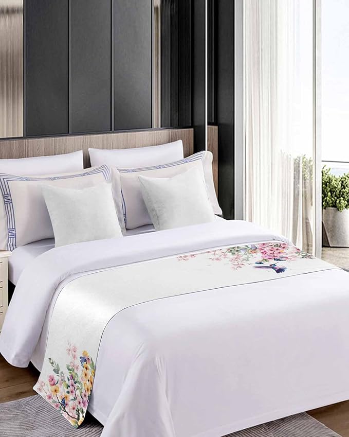 Blossom Floral Hummingbird Bed Runners for Bedroom Hotel,Decorative Bedding Scarf Butterfly Blossom Flower Plant Bed End Blanket Bedding Runner Scarves for Twin Size Bed,71x20in