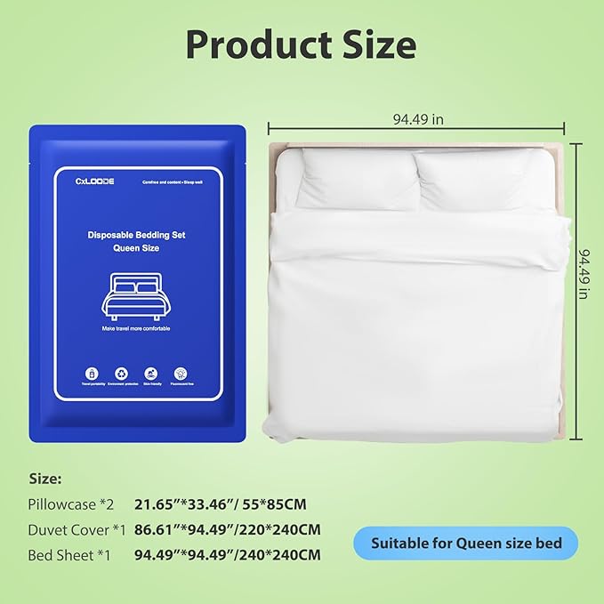 4 PCS Disposable Bed Sheet Queen Size, Disposable Sheet for Travel, Disposable Sheets with Quilt Cover and Pillowcase,Travel Sheet for Hotel Travel Essentials for Cruise,Camping,SPA