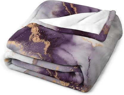 Modern Marble Blanket, Abstract Luxury Baroque Golden Purple White Stone Veins Pattern Soft Warm Cozy Plush Flannel Covers for Livingroom Bedroom Couch Chair Camping Travel Home Decor Tapestry 40x50in