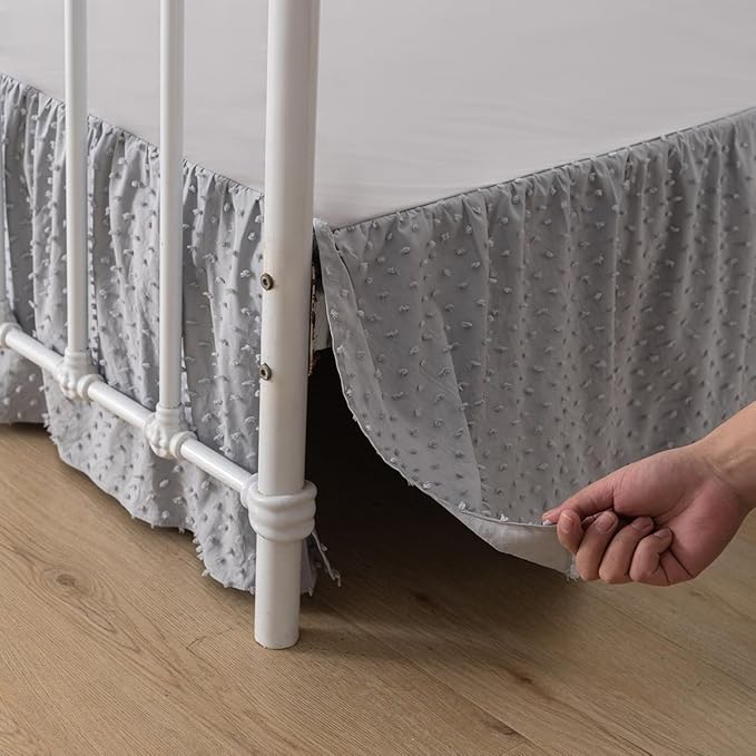 Tufted Dot Bed Skirt Queen Size Ruffled Bed Skirt with Split Corners, 18 Inch Drop Dust Ruffle Bed Skirts with Platform, Light Grey