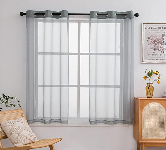 PI Sheer Curtains 63 inches Length with Grommet,Polyester Voile Sheer Window Curtain for Dining Room/Office 2 Panels (W52 X L63, Blue Grey)