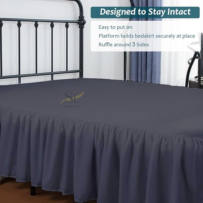 Shreem Linen Ruffled Bed Skirt with Split Corners, Gathered Style, 100% Microfiber, 10-Inch Drop, Dust Ruffle Bedskirt with Platform, Olympic Queen, Dark Grey