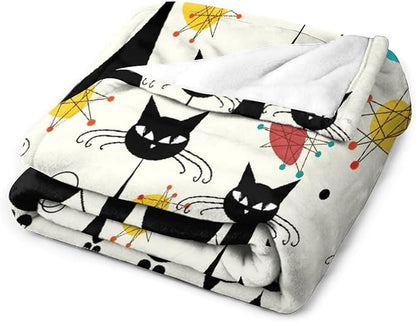 Mid Century Modern Throw Blanket, Atomic Black Cat Starbursts Iconic Sputnik Retro Abstract Geometric 1950s 1960s Throw for Adults Kids Pet, Beige Black 40"x50"