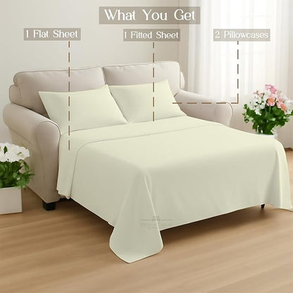 Sleeper Sofa 4 Piece Bed Sheet Set Premium Quality 100% Cotton 500 Thread Count, Smooth & Super Soft Sateen Weave, Extra Soft Bed Sheets, Wrinkle Free, 8 Inch Deep Pocket (Full, Ivory)