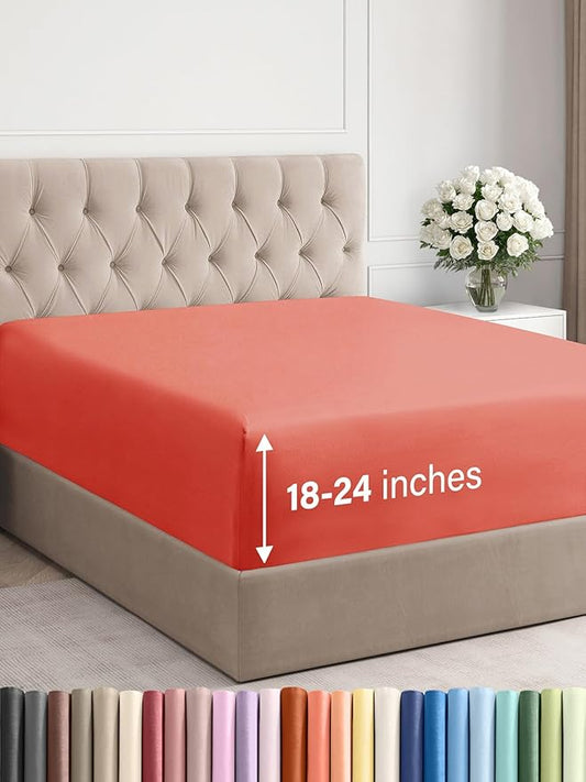 Extra Deep Full Fitted Sheet - Hotel Luxury Single Fitted Sheet Only - Easily Fits 18 inch to 24 inch Mattress - Ultra Soft, Wrinkle Free w/Extra Deep Pockets - Easy-Care, Breathable & Comfy - Coral