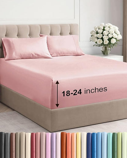 Extra Deep Pocket King Sheets - 4 Piece Breathable & Cooling Bed Sheets - Hotel Luxury Bed Sheet Set - Soft, Wrinkle Free & Comfy - Easily Fits Extra Deep Mattresses - Deep Pocket Baby Pink Sheets Set