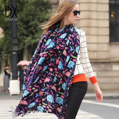 DANA XU 100% Merino Wool Extra Large Pashmina Blanket Travel Scarf Cashmere Wrap for Women Fall Winter Oversize Shawl Floral