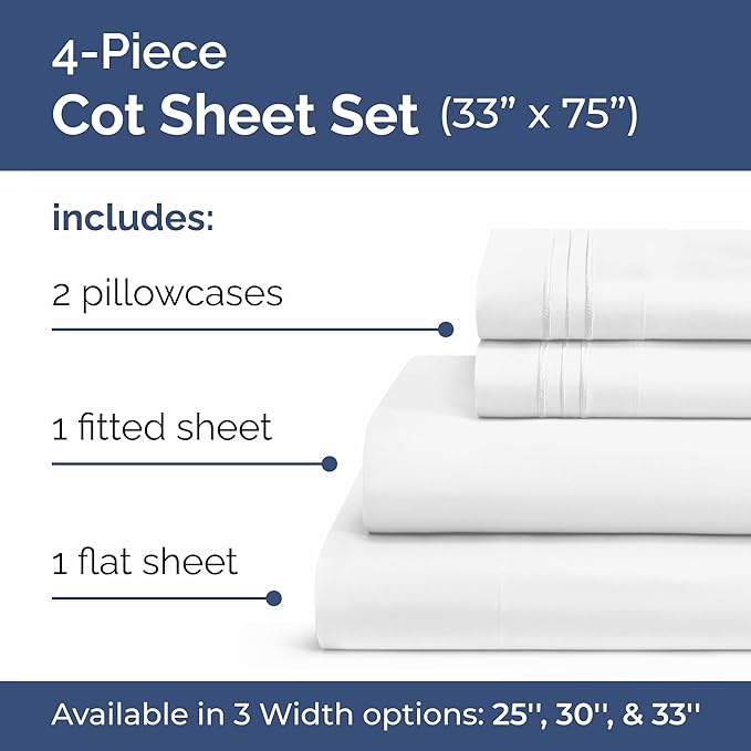 Cot Sheet Set 33” x 75” – Easy-Fit Cot Size Mattress Sheets – Ideal for Narrow Twin, Camper Bunk, RVs, Twin Bunks, Day Care and Camping Cots - Cot Size Fitted Sheet fits 6” to 10” Mattresses – White