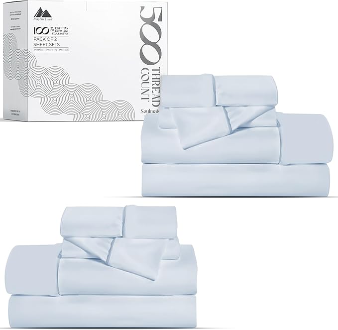 Mayfair Linen 100% Egyptian Cotton 2 Pack Twin Sheet Set - 500 Thread Count Cotton Sheets Twin Size (6 PC, Light Blue), Extra Soft, Cooling, Sateen Weave, 16" Deep Pocket College Dorm Room Bed Sheet