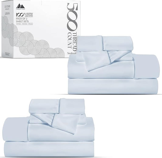 Mayfair Linen 100% Egyptian Cotton 2 Pack Twin Sheet Set - 500 Thread Count Cotton Sheets Twin Size (6 PC, Light Blue), Extra Soft, Cooling, Sateen Weave, 16" Deep Pocket College Dorm Room Bed Sheet