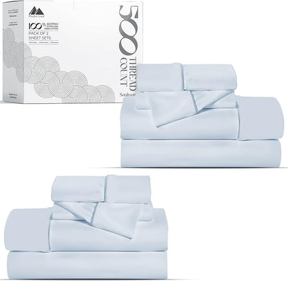 Mayfair Linen 100% Egyptian Cotton 2 Pack Full Sheet Set - Luxury 500 Thread Count Cotton Sheets Full Size (8 PC, Light Blue), Soft, Cooling, Sateen Weave, 16" Deep Pocket Hotel Quality Bed Sheet
