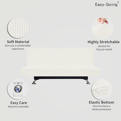 Easy-Going Stretch Futon Slipcover Armless Futon Bed Cover Furniture Protector Without Armrests with Elastic Bottom for Kids, Soft Jacquard Fabric Small Checks (Medium, Cream)