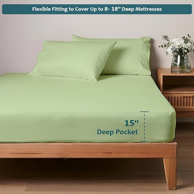 Luxury Queen Sleeper Sofa Bed Sheet Set,100% Egyptian Cotton, 338 Thread Count, Queen Size (60 x74 +6 Inch Deep Pocket) Soft and Light Weight 4pcs Sofa Set (Sage Solid)