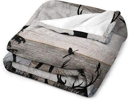 Rustic Deer Throw Blanket, Retro Cabin Farmhouse Country Lodge Blue Brown Wooden Board Wild Forest Animals Deer Bird Print Warm Cozy Blanket for Bed Couch Sofa Travel, 60"x80"