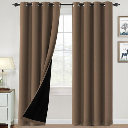 H.VERSAILTEX 100% Blackout Curtains for Bedroom Thermal Insulated Blackout Curtains 96 inch Length Heat and Full Light Blocking Curtains for Living Room with Black Liner 2 Panels Set, Macchiato