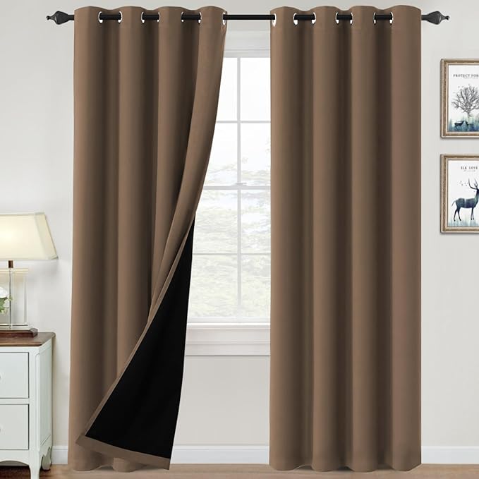 H.VERSAILTEX 100% Blackout Curtains for Bedroom Thermal Insulated Blackout Curtains 84 inch Length Heat and Full Light Blocking Curtains for Living Room with Black Liner 2 Panels Set, Macchiato