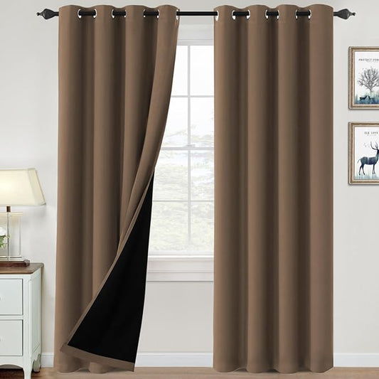 H.VERSAILTEX 100% Blackout Curtains for Bedroom Thermal Insulated Blackout Curtains 84 inch Length Heat and Full Light Blocking Curtains for Living Room with Black Liner 2 Panels Set, Macchiato