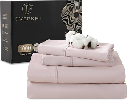 1000 Thread Count Egyptian Cotton Sheets Queen Size Set Sateen Weave Soft Breathable 16-Inch Deep Pocket 4PCS（Queen,Dusty Pink）