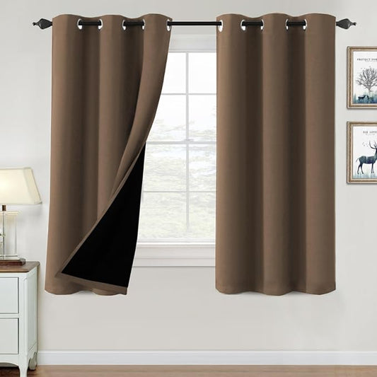 H.VERSAILTEX 100% Blackout Curtains for Bedroom Thermal Insulated Blackout Curtains Heat and Full Light Blocking Curtains for Living Room with Black Liner 2 Panels Set, 42 x 63 Inch, Macchiato