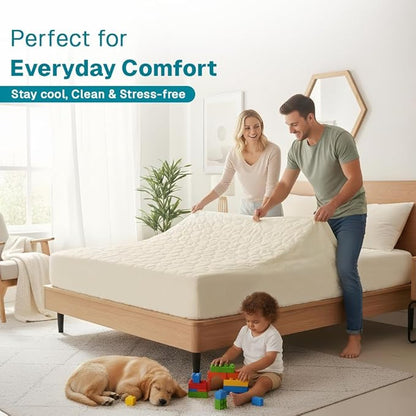 FABDREAMS Organic Quilted Mattress Protector Cal King Size | Mattress Pad| Mattress Cover| Naturally Breathable | Noiseless| Fits up to 17" Deep Pockets| Temperature Regulating | Ivory