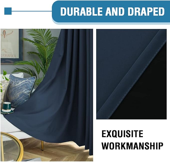 H.VERSAILTEX 100% Blackout Curtains for Bedroom Thermal Insulated Blackout Curtains 84 inch Length Heat and Full Light Blocking Curtains for Living Room with Black Liner 2 Panels Set, Navy