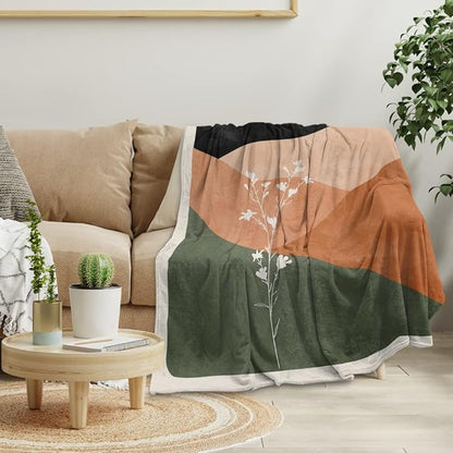 Boho Orange Mid Century Blankets Abstract Modern Throw Blanket Minimalist Sun Aesthetic Soft Warm Bed Bedding Women Blankets for Couch Bedroom Sofa Office Cozy Flannel Blankets 50"X60"