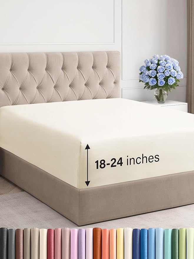 Extra Deep King Fitted Sheet - Hotel Luxury Single Fitted Sheet Only - Easily Fits 18 inch to 24 inch Mattress - Ultra Soft, Wrinkle & Fade Free w/Extra Deep Pockets - Breathable & Comfy - Off White